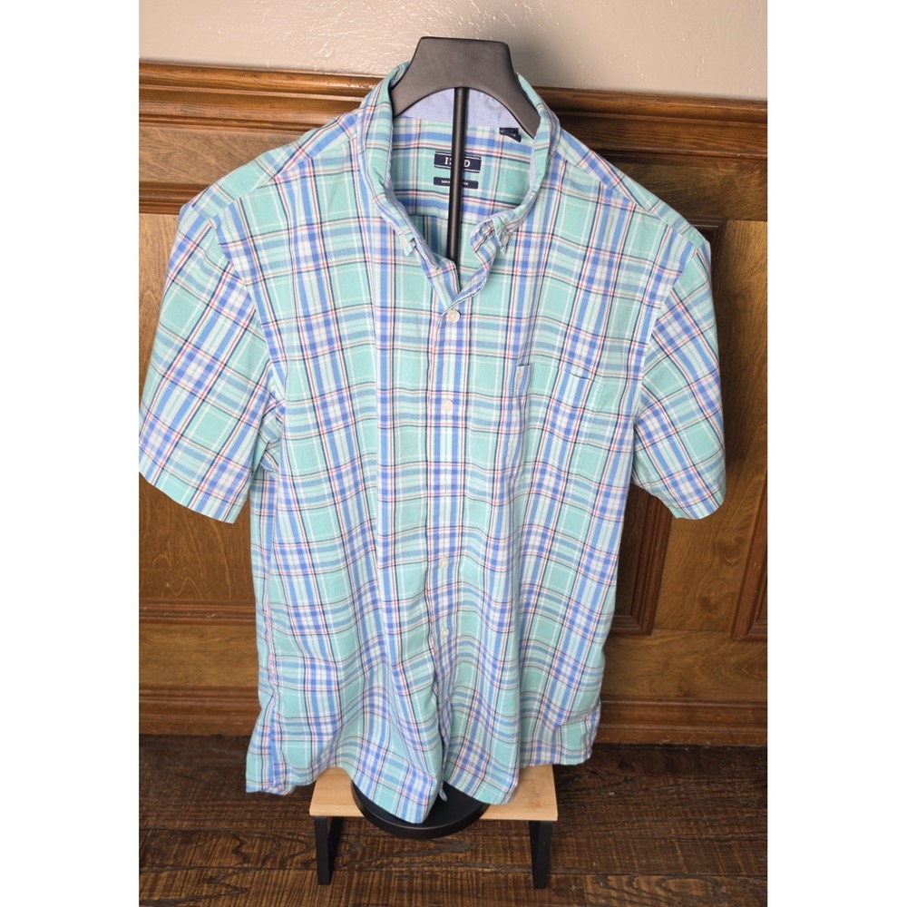 Izod Non Iron Stretch Button Down Shirt Mens Large Blue Plaid Casual Dress Coast
